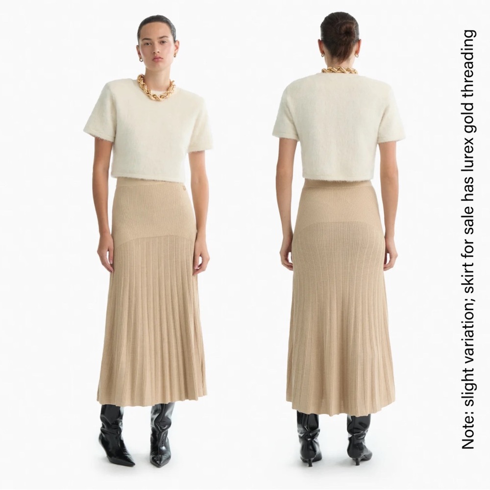 Dodiee Silk Blend Pleated Midi Skirt – Oatmeal w/ Gold Lurex (Size M)